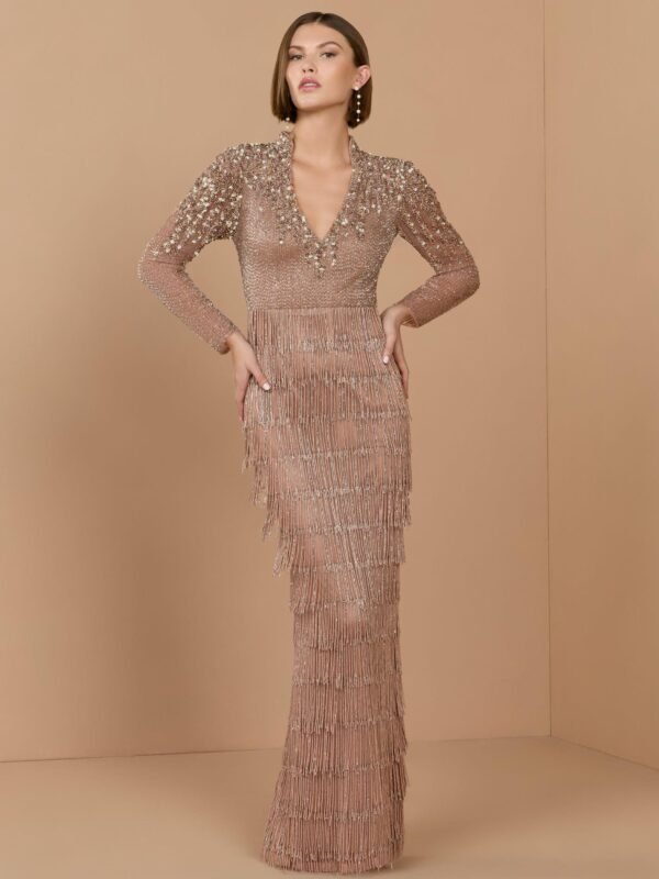 Petite Brown Beaded Long Sleeve Fringe Column Gown
