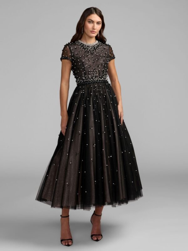 Petite Black Embellished Pearl Tulle Midi Dress