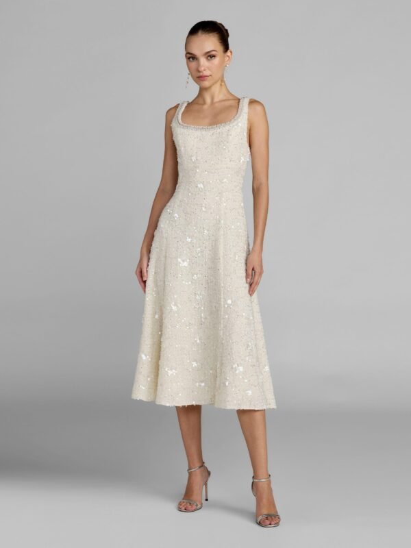 Petite Ivory Embellished Boucle Sleeveless A-Line Midi Dress