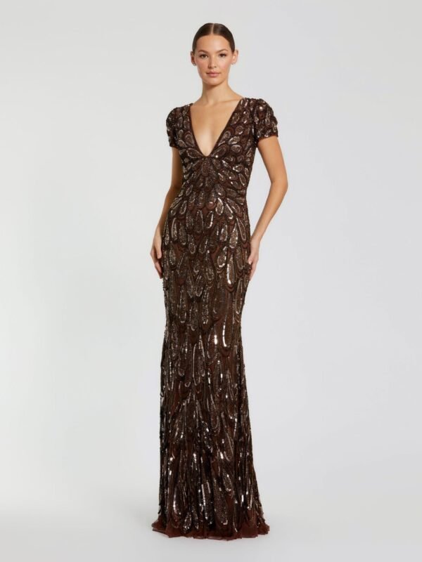 Petite Brown Embellished Deep V Column Gown