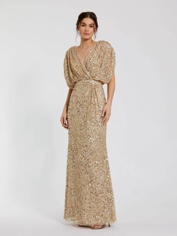 Petite Sequin Draped Sleeve V-Neck Gown