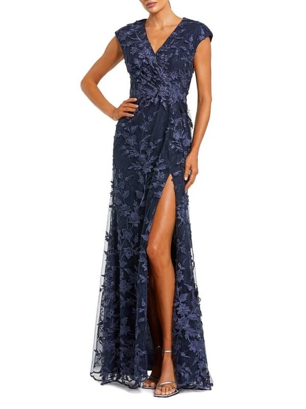 Mac Duggal Petite Faux Wrap Embroidered Cap Sleeve Gown