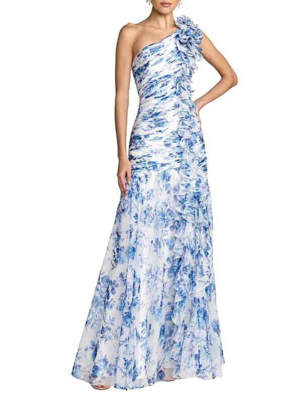 Mac Duggal Petite Ruched Floral Chiffon Gown With 3D Ruffles