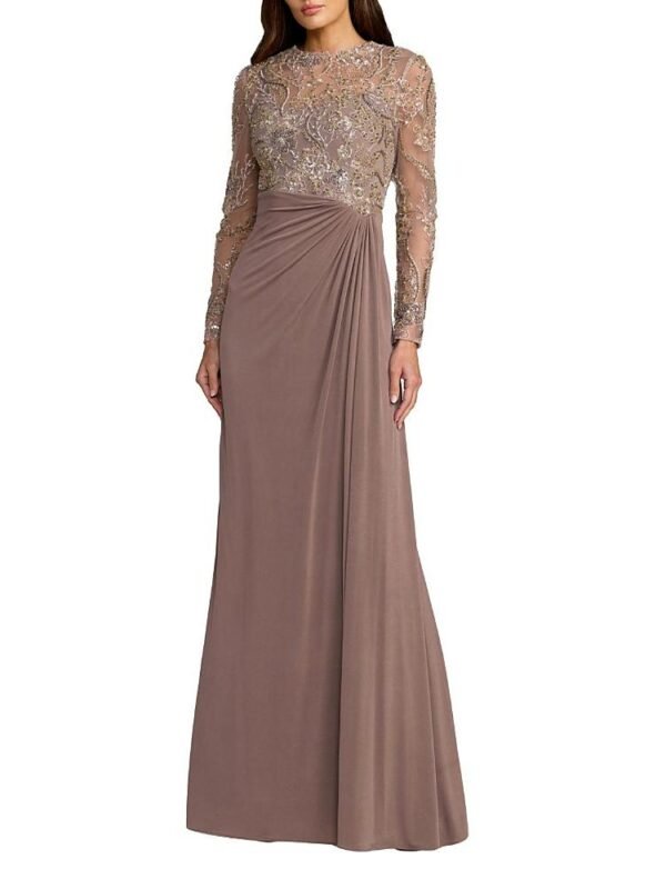 Mac Duggal Petite Sequin Embroidered Long Sleeve Jersey Skirt Gown