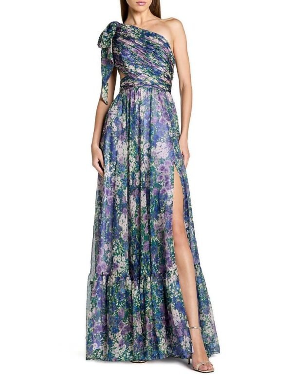Mac Duggal Petite One Shoulder Floral Printed Chiffon Side Cut Out Gown