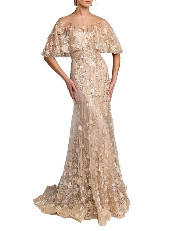 Mac Duggal Petite Embellished Cape Sleeve Mermaid Gown