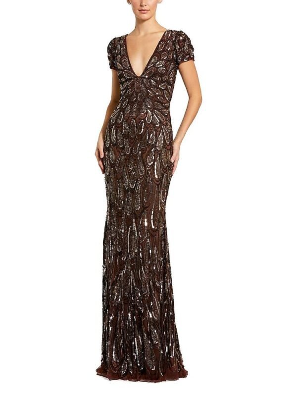 Mac Duggal Petite Beaded Sequin V-Neck Cap Sleeve Fitted Column Gown