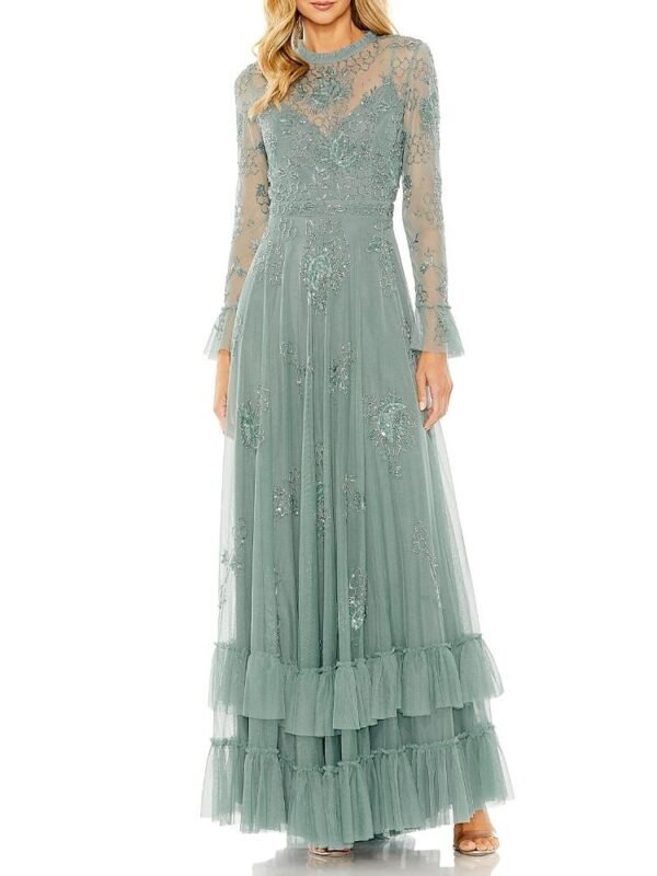 Mac Duggal Petite Embellished Long Sleeve Ruffle Gown