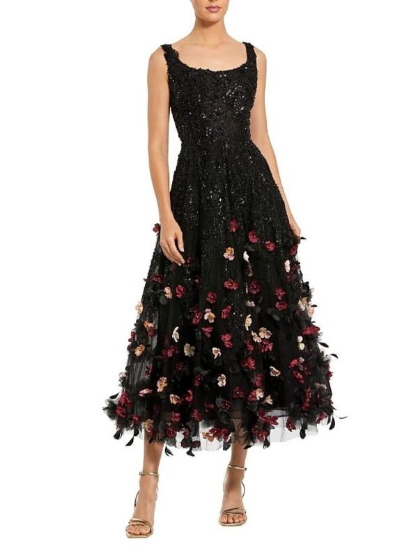 Mac Duggal Petite Sleeveless Beaded Midi Dress With 3D Flowers