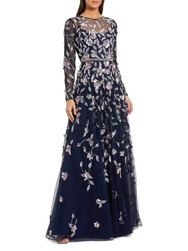 Mac Duggal Petite Long Sleeve Mesh Gown with Beaded Floral Applique