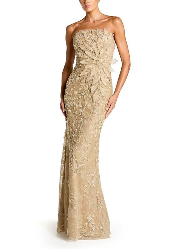Mac Duggal Petite Beaded Mermaid Gown with 3D Flowers