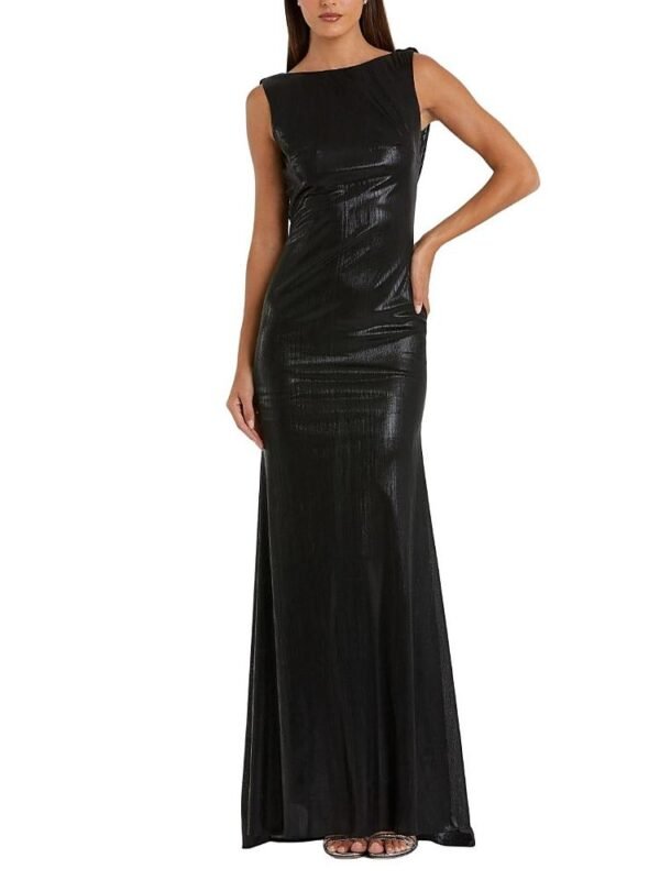 Mac Duggal Petite Metallic Jersey Cowl Back Column Gown