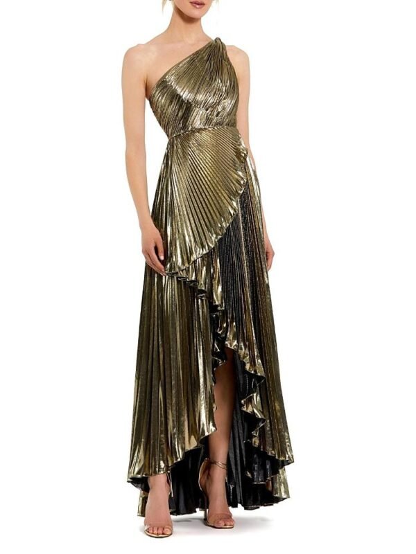 Mac Duggal Petite Pleated Metallic One Shoulder High Low Gown