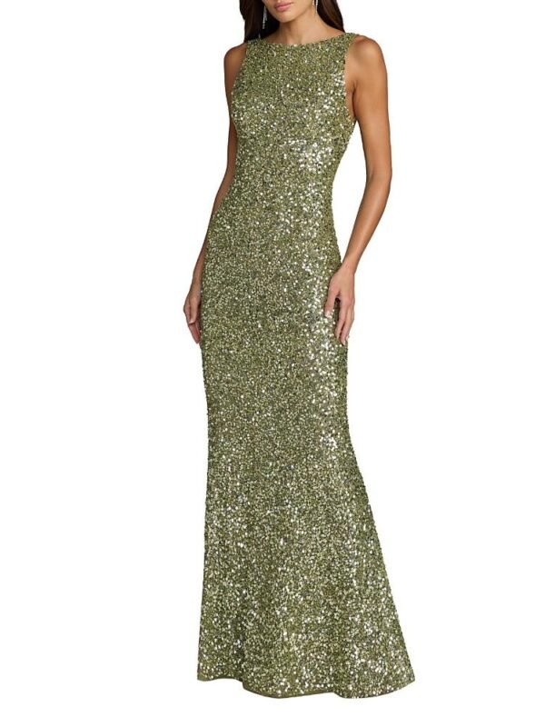 Mac Duggal Petite High Neck Sleeveless Open Back Sequin Column Gown