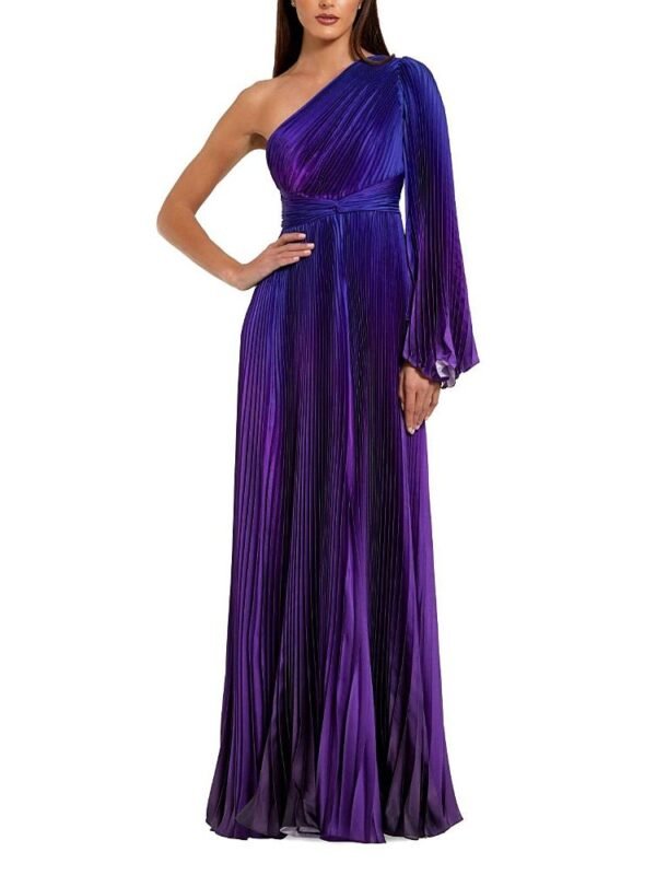Mac Duggal Petite Pleated Charmeuse One-Shoulder Ombre Gown with Flared Sleeve