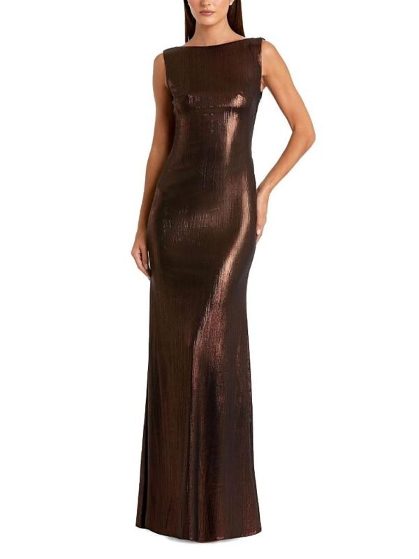 Mac Duggal Petite Metallic Jersey Cowl Back Column Gown