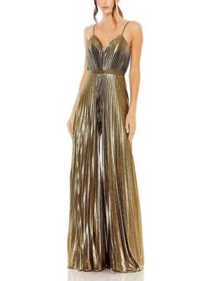Mac Duggal Petite Metallic Pleated Wide-Leg V-Neck Jumpsuit