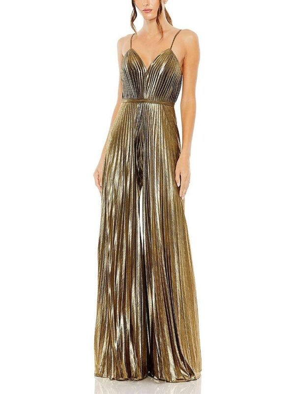 Mac Duggal Petite Metallic Pleated Wide-Leg V-Neck Jumpsuit