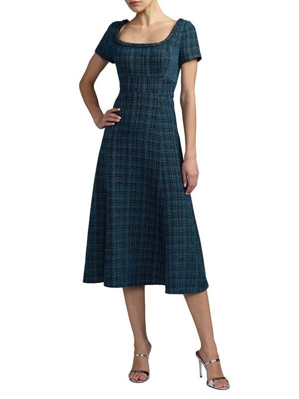 Mac Duggal Petite Short Sleeve Embellished Boucle Midi Dress