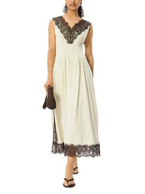 Whistles Petite Lace V Neck Spot Midi Dress