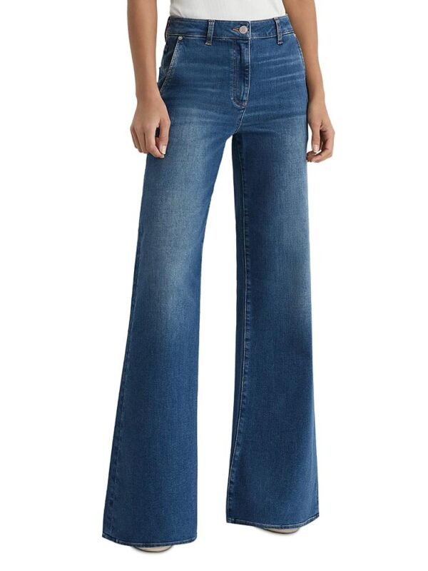 Reiss Petite Addie Cotton Blend Stretch High Rise Wide Leg Jeans in Mid Blue