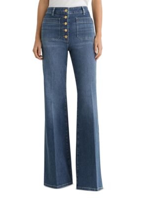 Reiss Petites Cali Mid Rise Flare Leg Jeans in Mid Blue