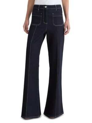 Reiss Petite Patch Pocket High Rise Flare Leg Jeans in Indigo Blue
