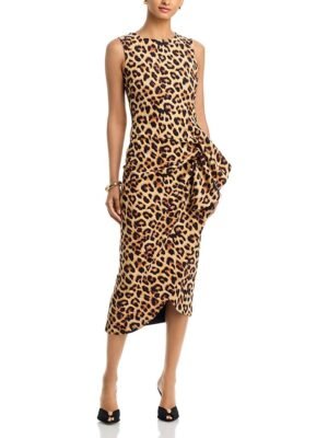 Chiara Boni La Petite Robe Asymmetrical Drape Leopard Print Midi Dress