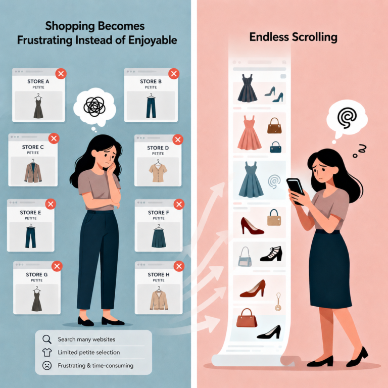 Cartoon of Petite Women Depicting that the Traditional Shopping Experience is Frustrating and Time Consuming for Petite Women.