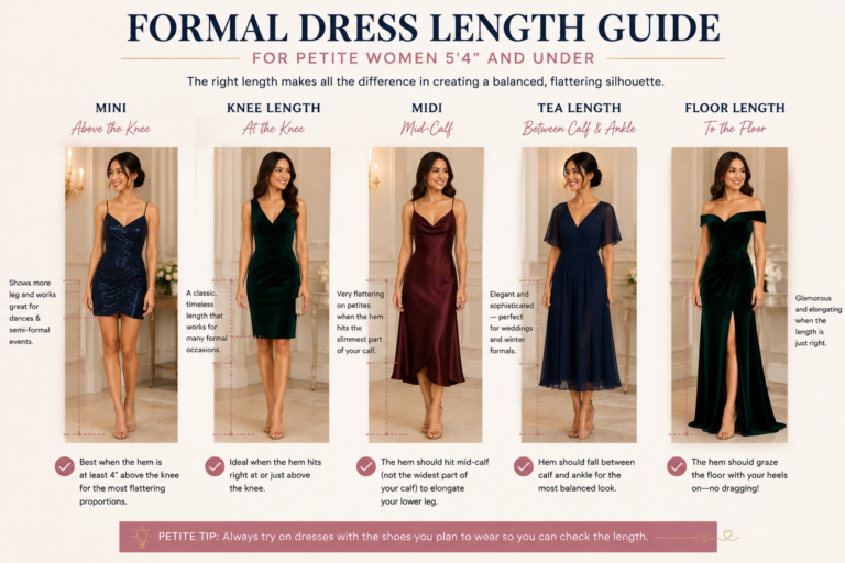 Formal dress length guide for petite women comparing mini, knee-length, midi, tea-length and floor-length dresses