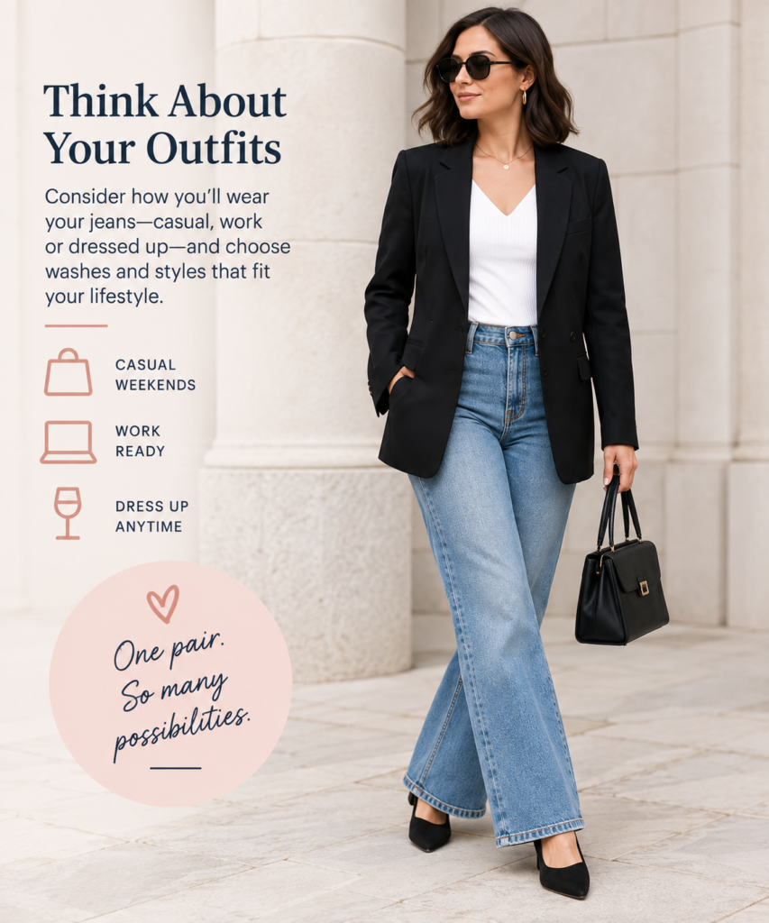 Petite woman styling blue jeans with a black blazer and heels for a polished outfit