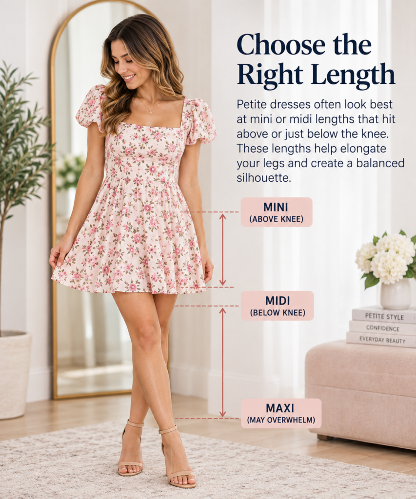 Petite dress length guide showing mini, midi, and maxi dress lengths on a petite woman