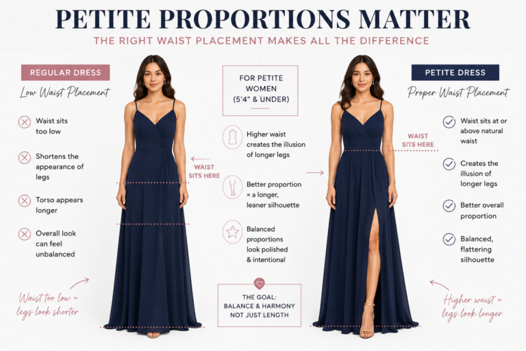 Petite dress proportions infographic comparing low and higher waist placement on short women