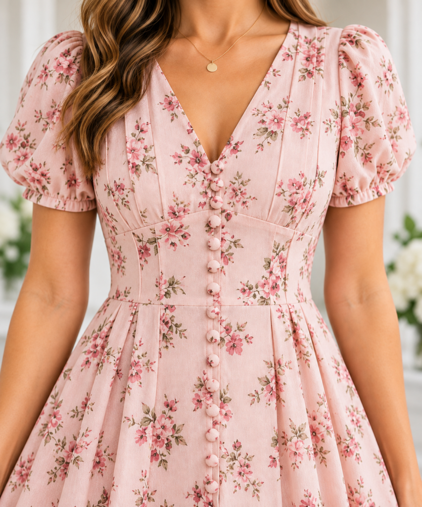 Pink floral petite dress with vertical buttons, V-neckline, and defined waist