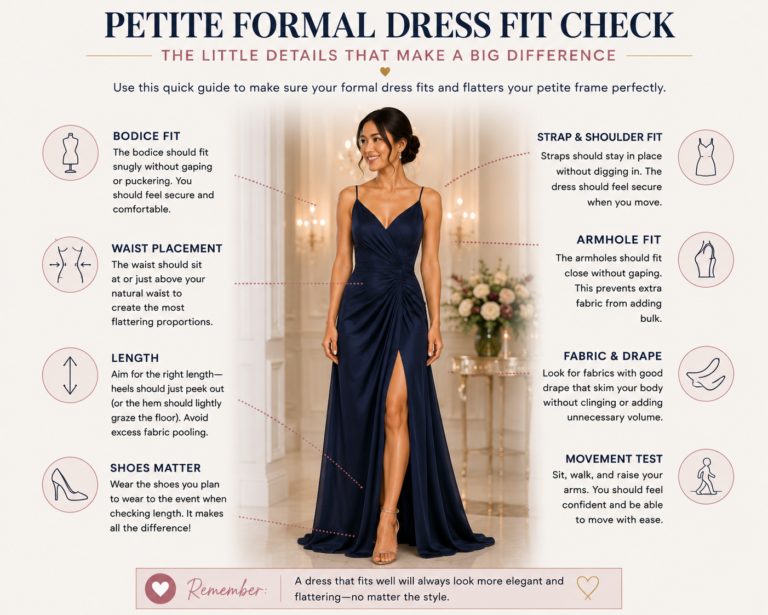 Petite formal dress fit check showing proper bodice, waist, shoulder, armhole, length and fabric fit