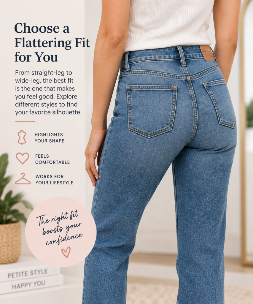 Petite jeans fit guide showing how to choose a flattering denim style for a shorter frame