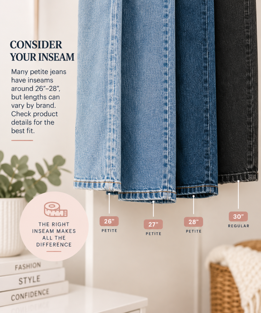 Petite jeans inseam guide comparing 26, 27, and 28-inch petite inseams with a 30-inch regular inseam