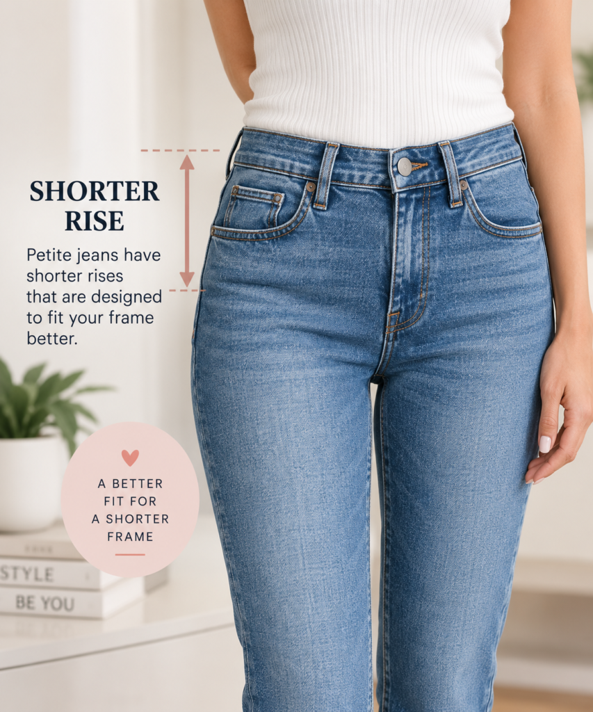 Petite jeans fit guide showing a shorter rise designed to better fit a petite woman's frame