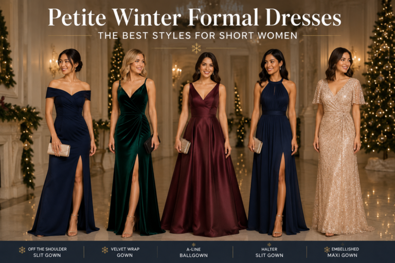 Petite women wearing elegant winter formal dresses in flattering floor-length styles