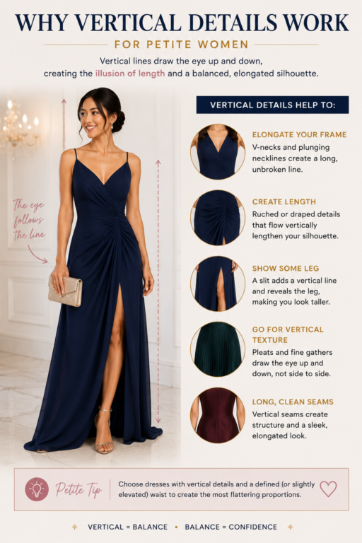Petite woman in a formal dress showing how vertical details create a longer balanced silhouette