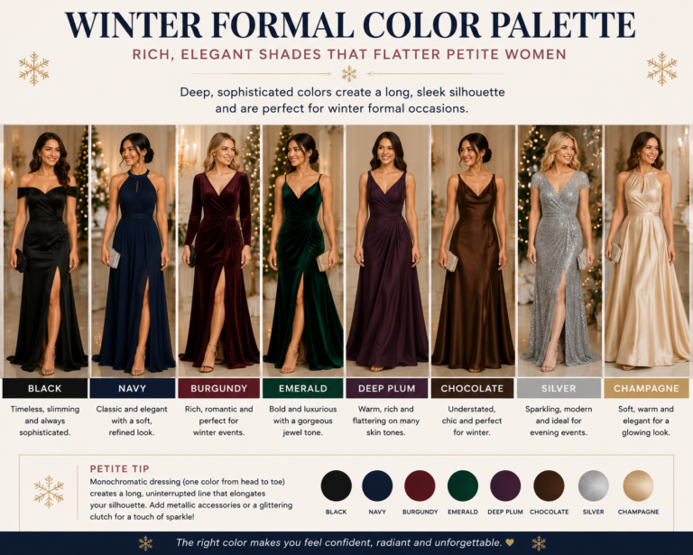 Winter formal dress color palette for petite women featuring black, navy, burgundy, emerald, plum, chocolate, silver and champagne