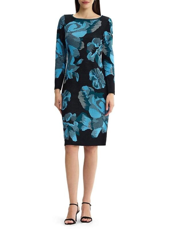 Ming Wang Petite Floral Jacquard Soft Knit Midi Dress