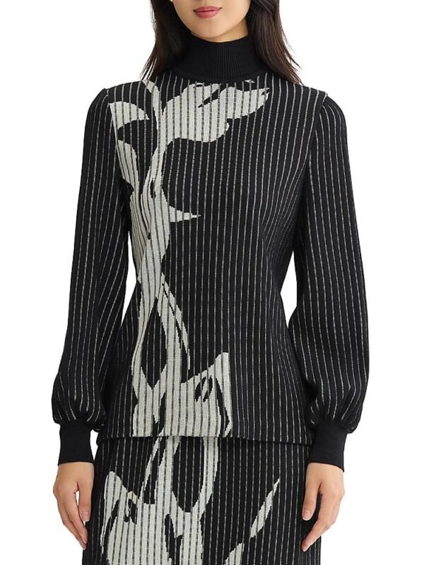 Ming Wang Petite Mock Neck Floral Soft Ribbed Knit Top