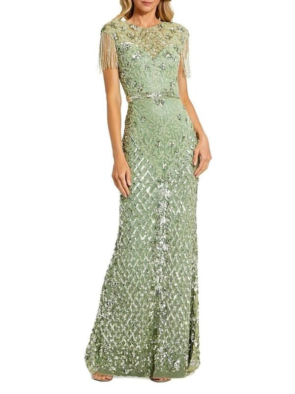 Mac Duggal Petite Beaded Fringe High-Neck Fitted Evening Gown