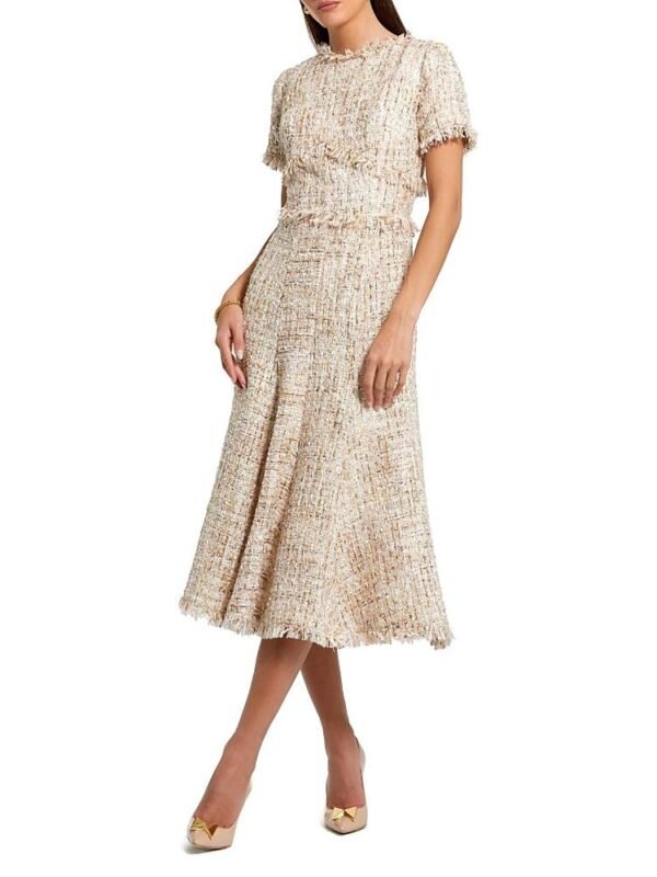 Mac Duggal Petite Beige Boucle Short Sleeve A Line Midi Dress