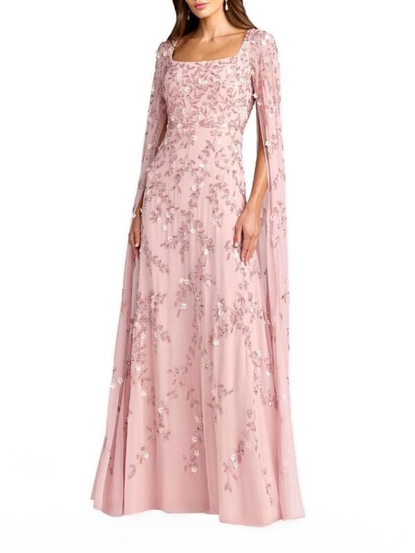 Mac Duggal Petite Pink Beaded Georgette Square Neck Cape Sleeve Gown