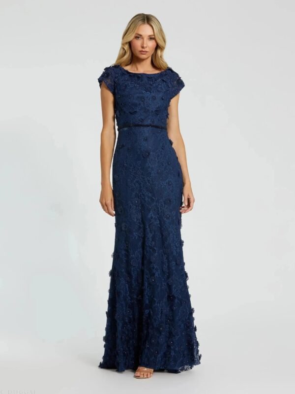 Navy Floral Applique Boat Neck Cap Sleeve Gown