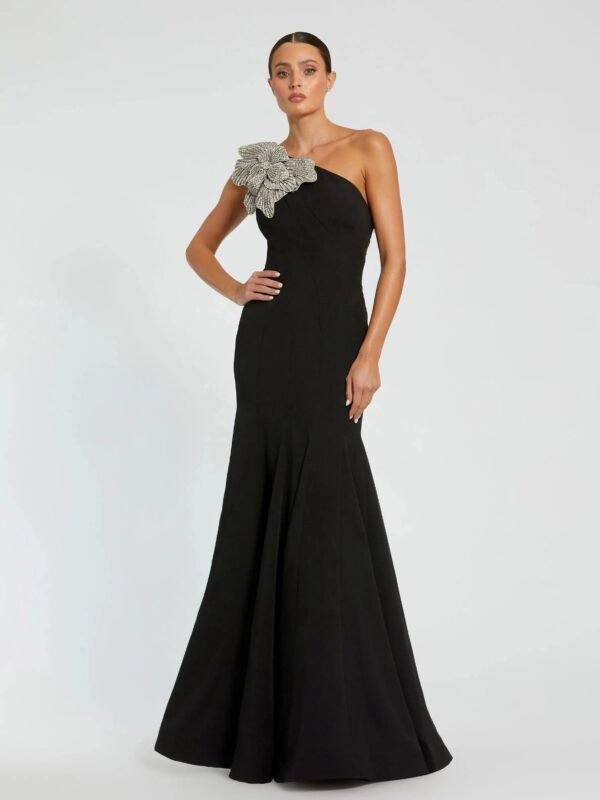 Black Crepe One Shoulder Gown With Crystal Flower