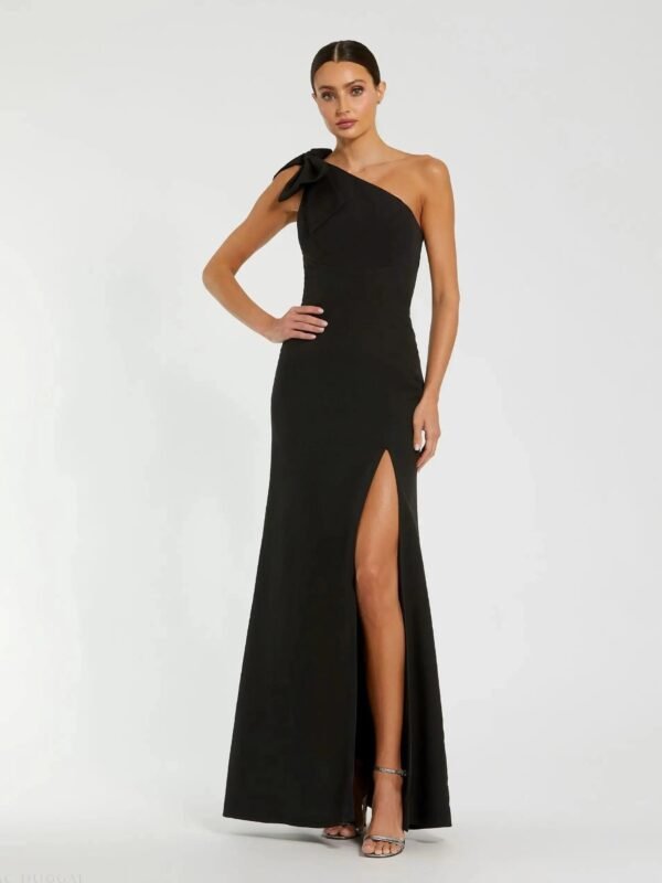 Black Crepe One Shoulder Fitted Evening Gown With Bow