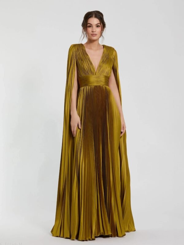 Green Pleated Charmeuse V Neck Gown With Cape